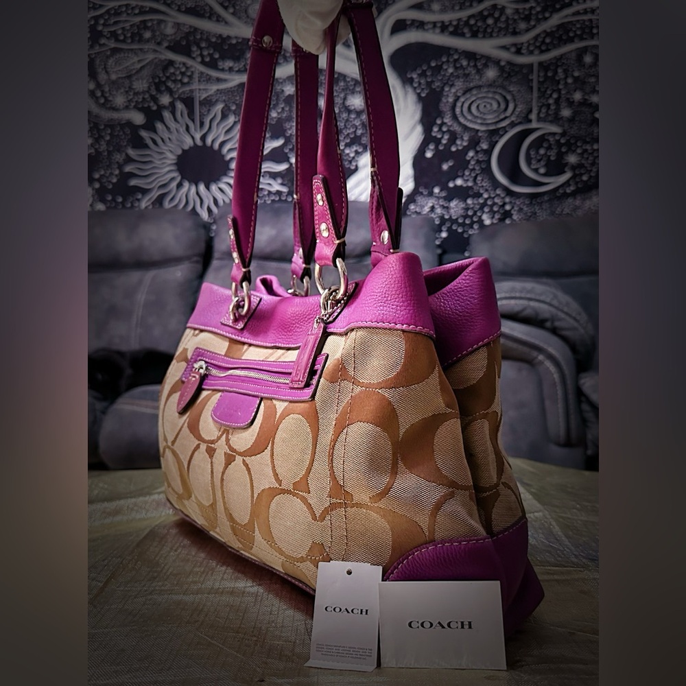 Vintage Coach purple Pink leather and Tan Signature Tote Bag shoulder bag 2009 - Picture 9 of 17